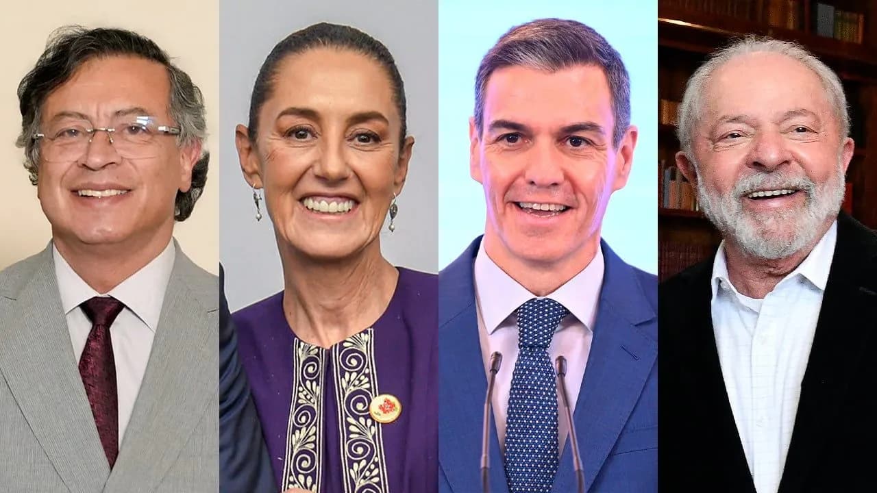 Los mandatarios de Colombia, Gustavo Petro; México, Claudia Sheinbaum; España, Pedro Sánchez; y Brasil, Luiz Inácio Lula da Silva. Fotos: Andrea Puentes, Juan Cano y Leo Queen - Presidencia de la República / Reuters. Los mandatarios de Colombia, Gustavo Petro; México, Claudia Sheinbaum; España, Pedro Sánchez; y Brasil, Luiz Inácio Lula da Silva. Fotos: Andrea Puentes, Juan Cano y Leo Queen - Presidencia de la República / Reuters.
