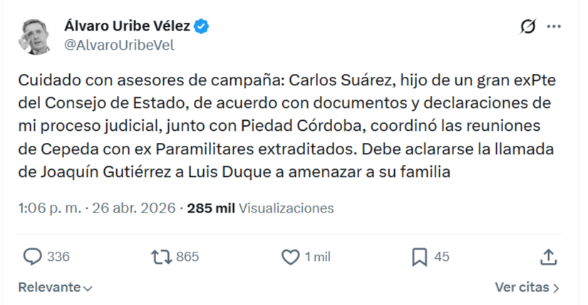 Álvaro Uribe habla de Carlos Suárez