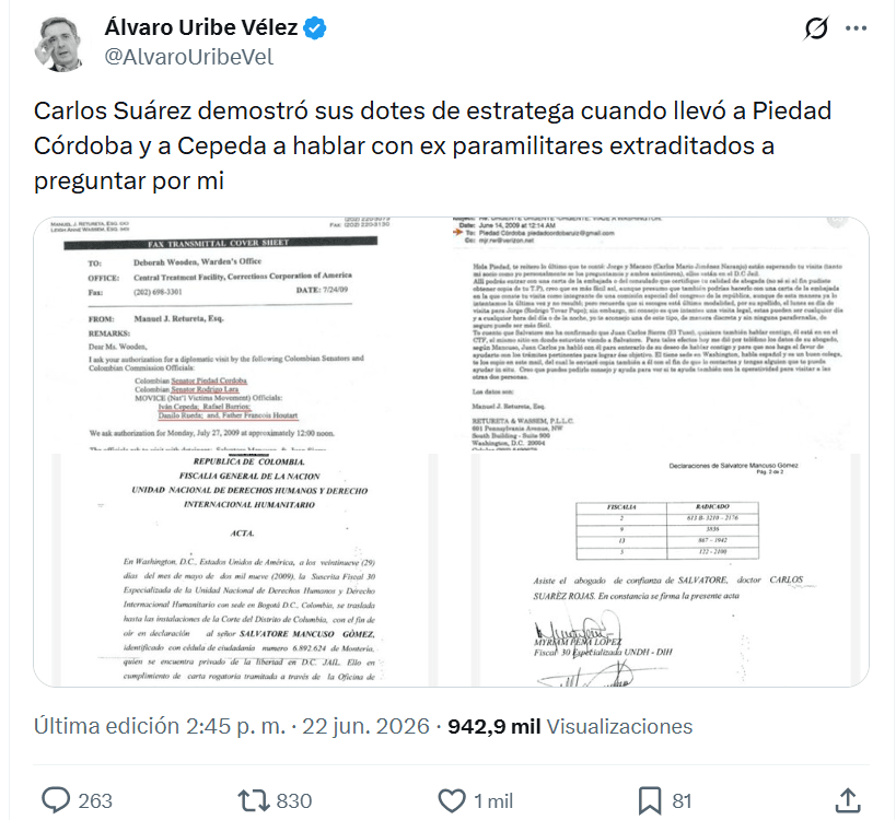 Álvaro Uribe habla de Carlos Suárez