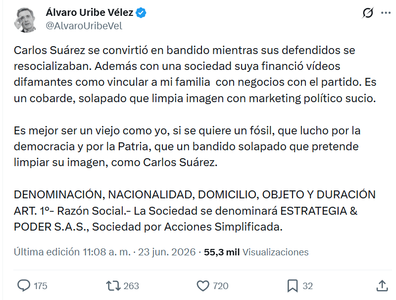 Álvaro Uribe sobre Carlos Suárez