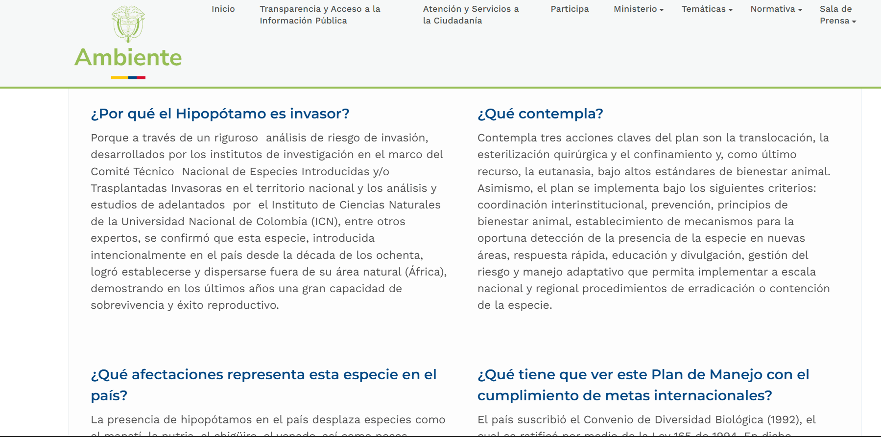 Captura de pantalla de la página web del Ministerio en el que aún permanece el Plan de Manejo de Hipopotamos del gobierno Petro.