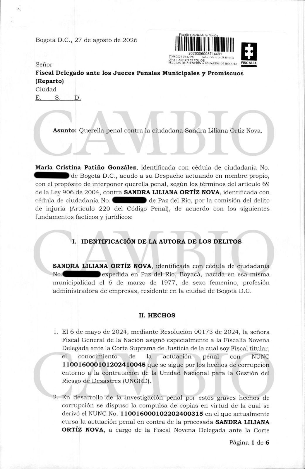 Denuncia fiscal María Cristina Patiño contra Sandra Ortiz