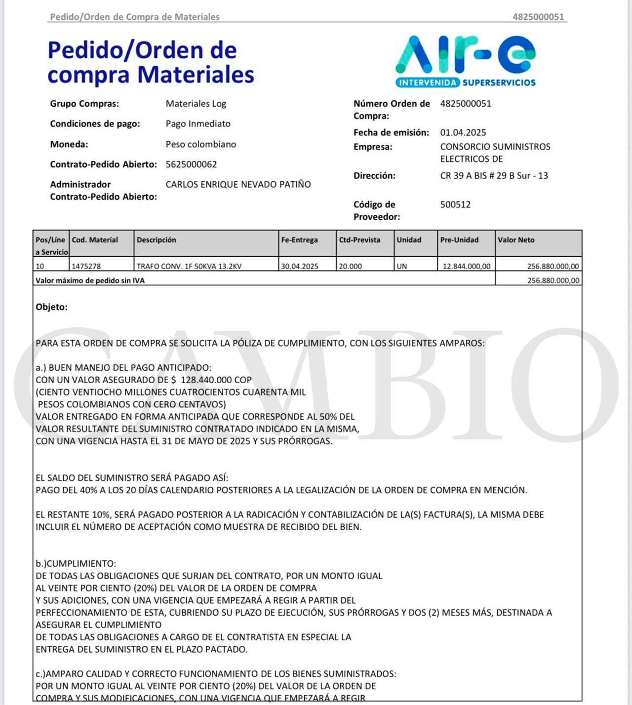 orden de compra tranfo 50