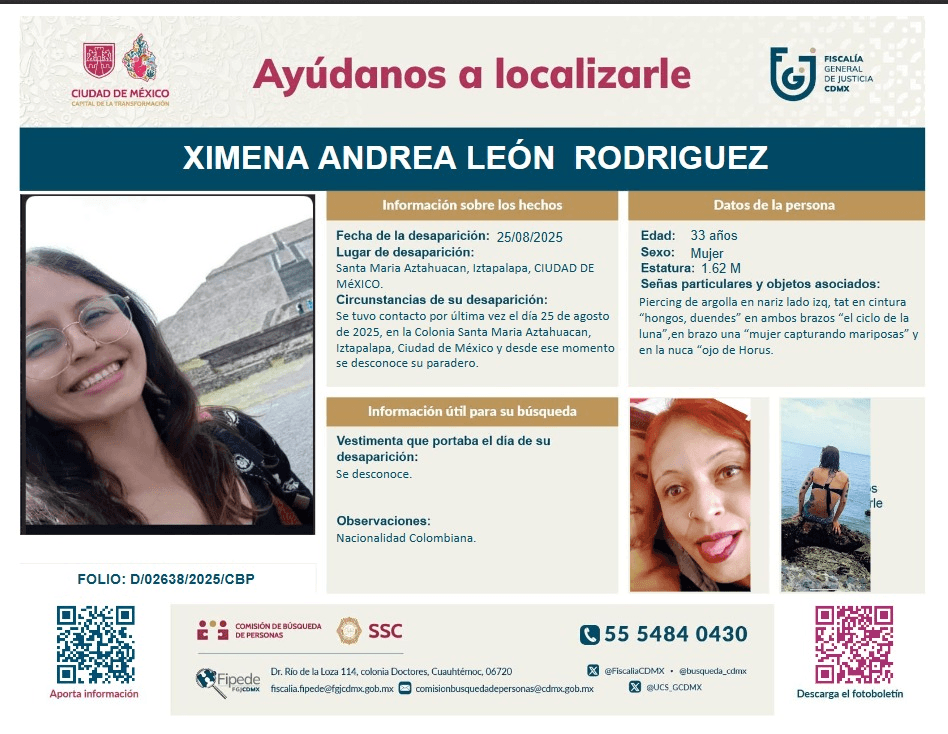 Buscan a Ximena Andrea León Rodriguez, una mujer colombiana desaparecida en ciudad de México