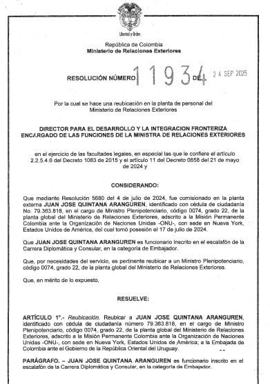 Resolución de la Cancillería Juan José Quintana