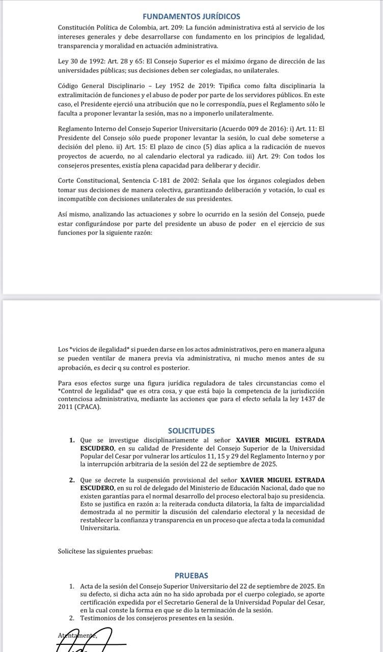 Denuncia contra el rector del Cesar