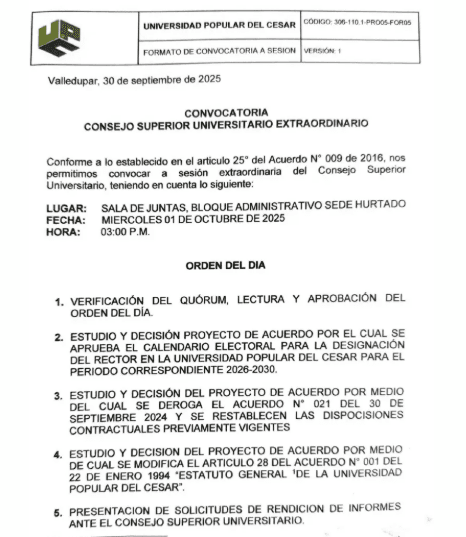 Orden del día sesión del 1 de octubre