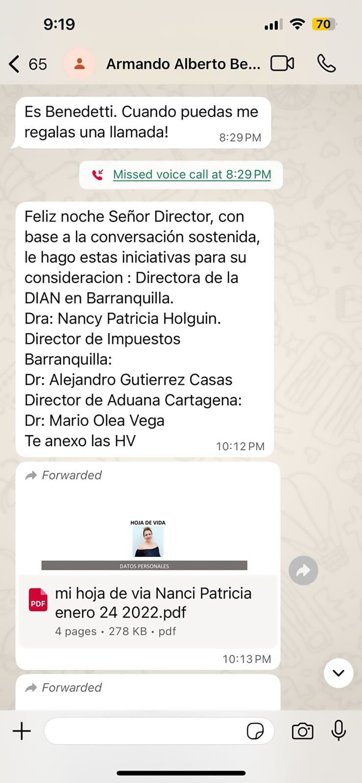 Chat entre Armando Bendetti y Luis Carlos Reyes