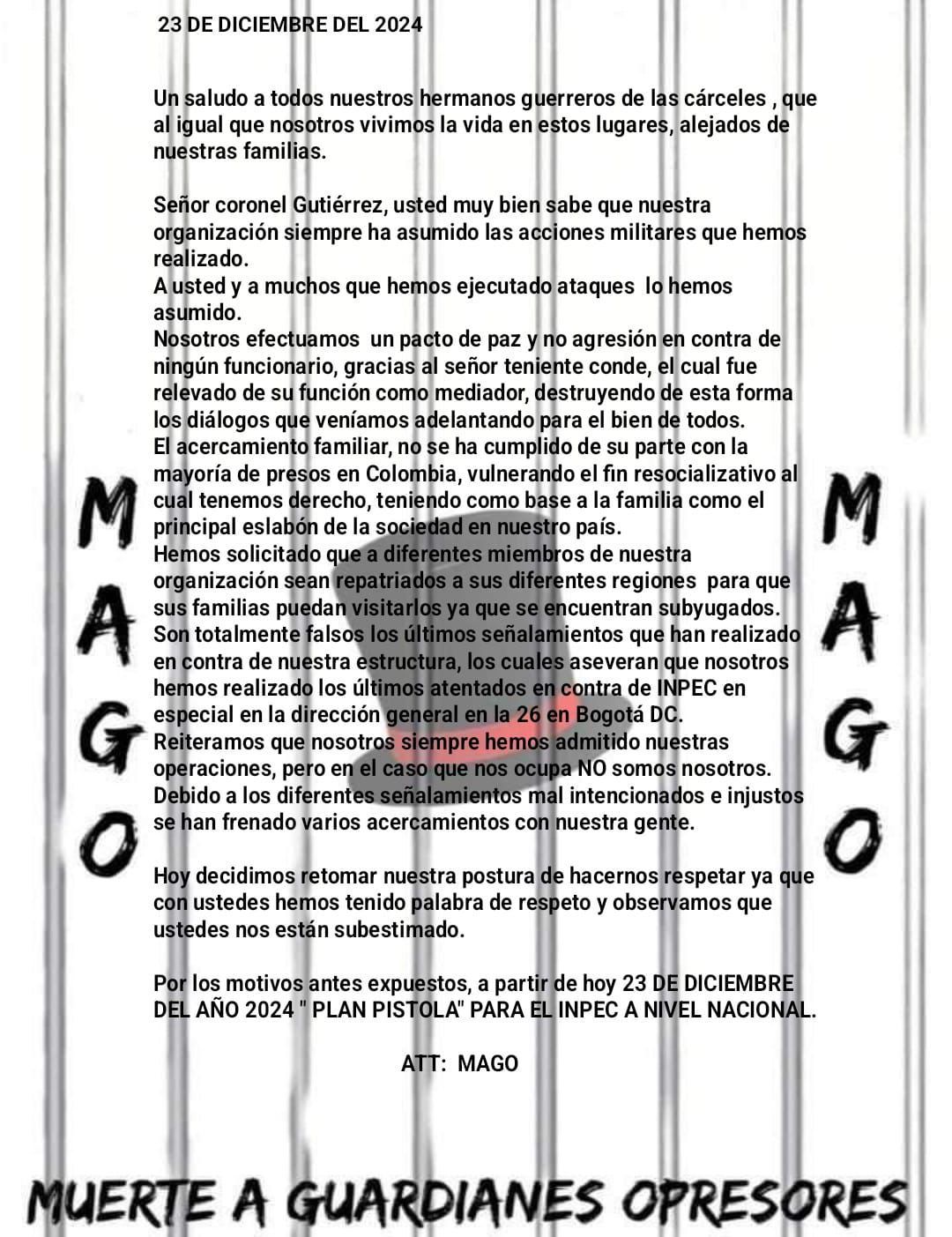 Imagen del panfleto amenazante en contra de los funcionarios del Inpec que circuló en 2024.