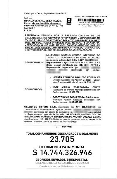 Registro de la denuncia interpuesta por la empresa Millennium en la Fiscalía.