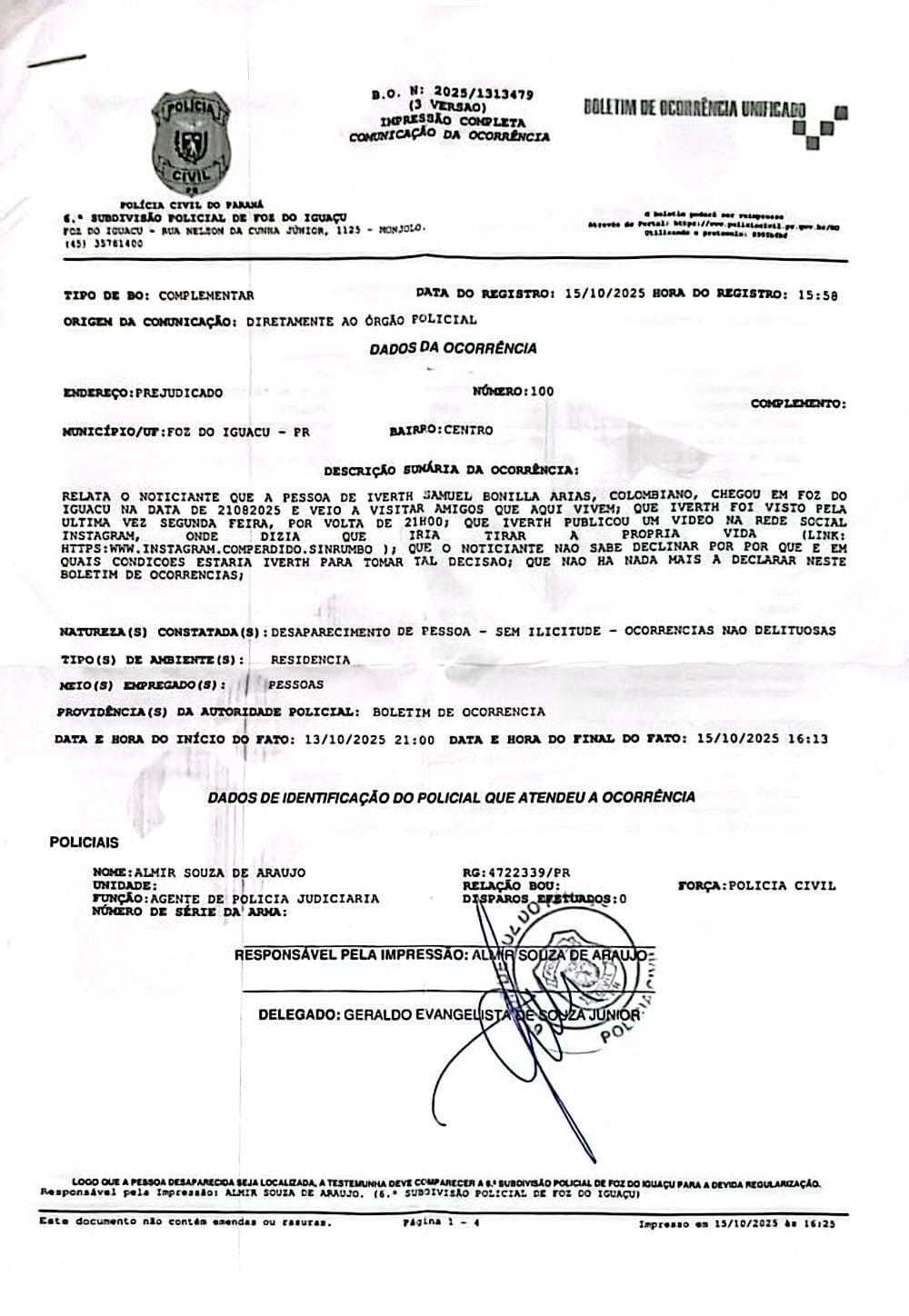 Denuncia desaparición Samuel Bonilla
