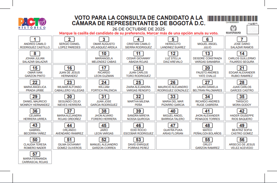 Tarjetón de la consulta del Pacto para la Cámara