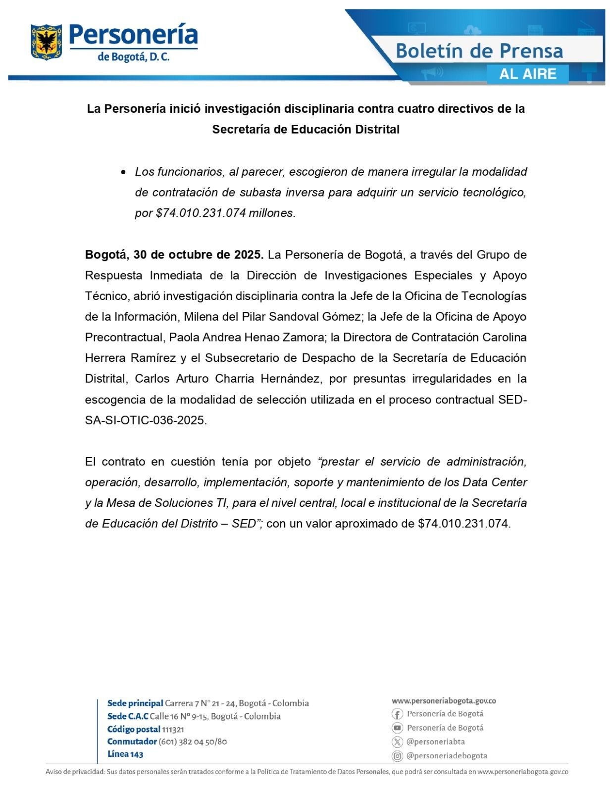 Personería abre investigación a funcionarios de Secretaría de Educación