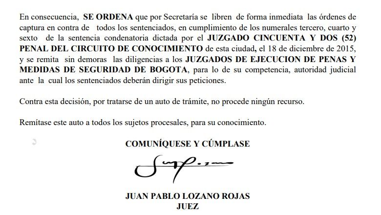Orden de captura Sánchez Rubiano