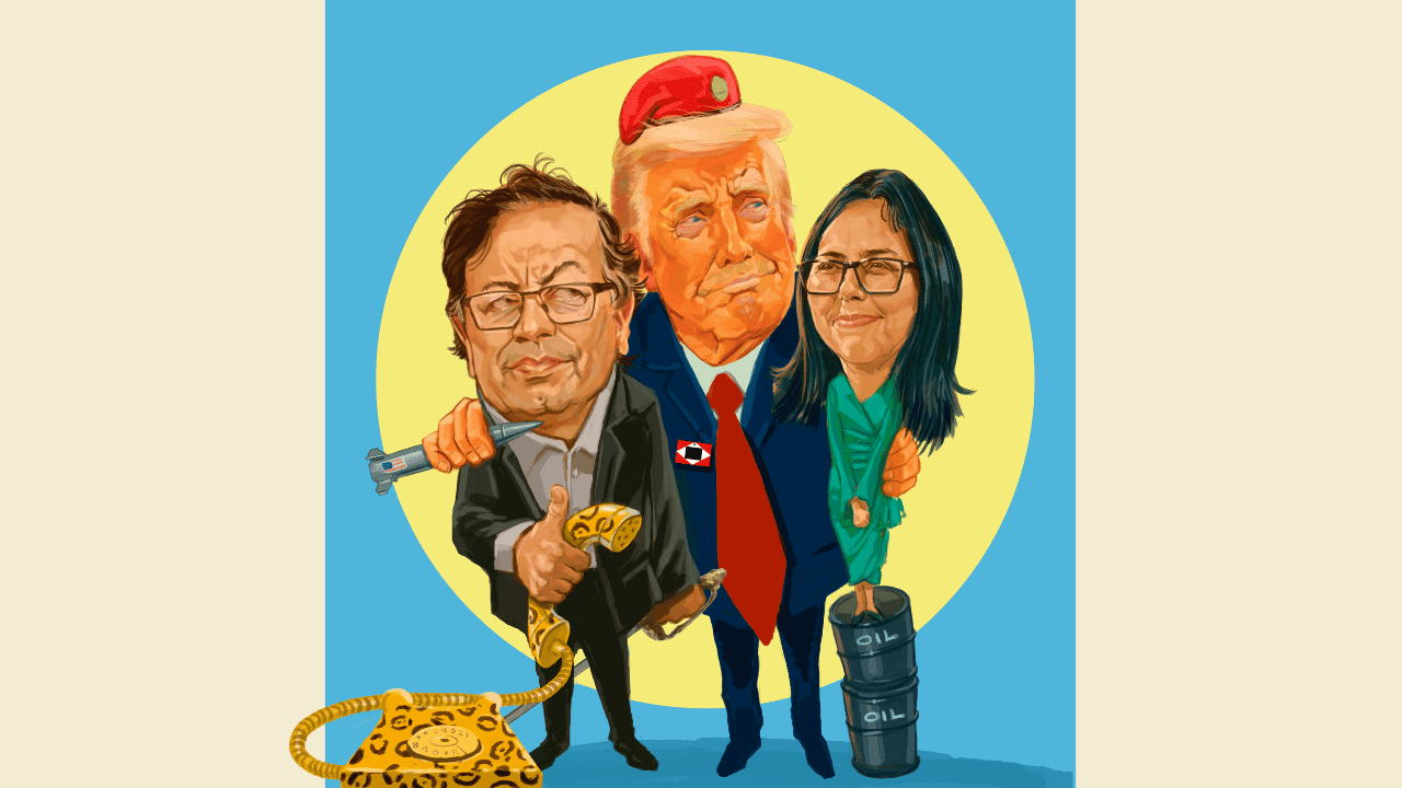Ilustración de Donald Trump, Gustavo Petro y Delcy Rodríguez