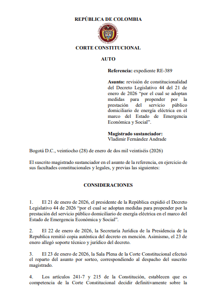 Auto de la Corte sobre decreto energía
