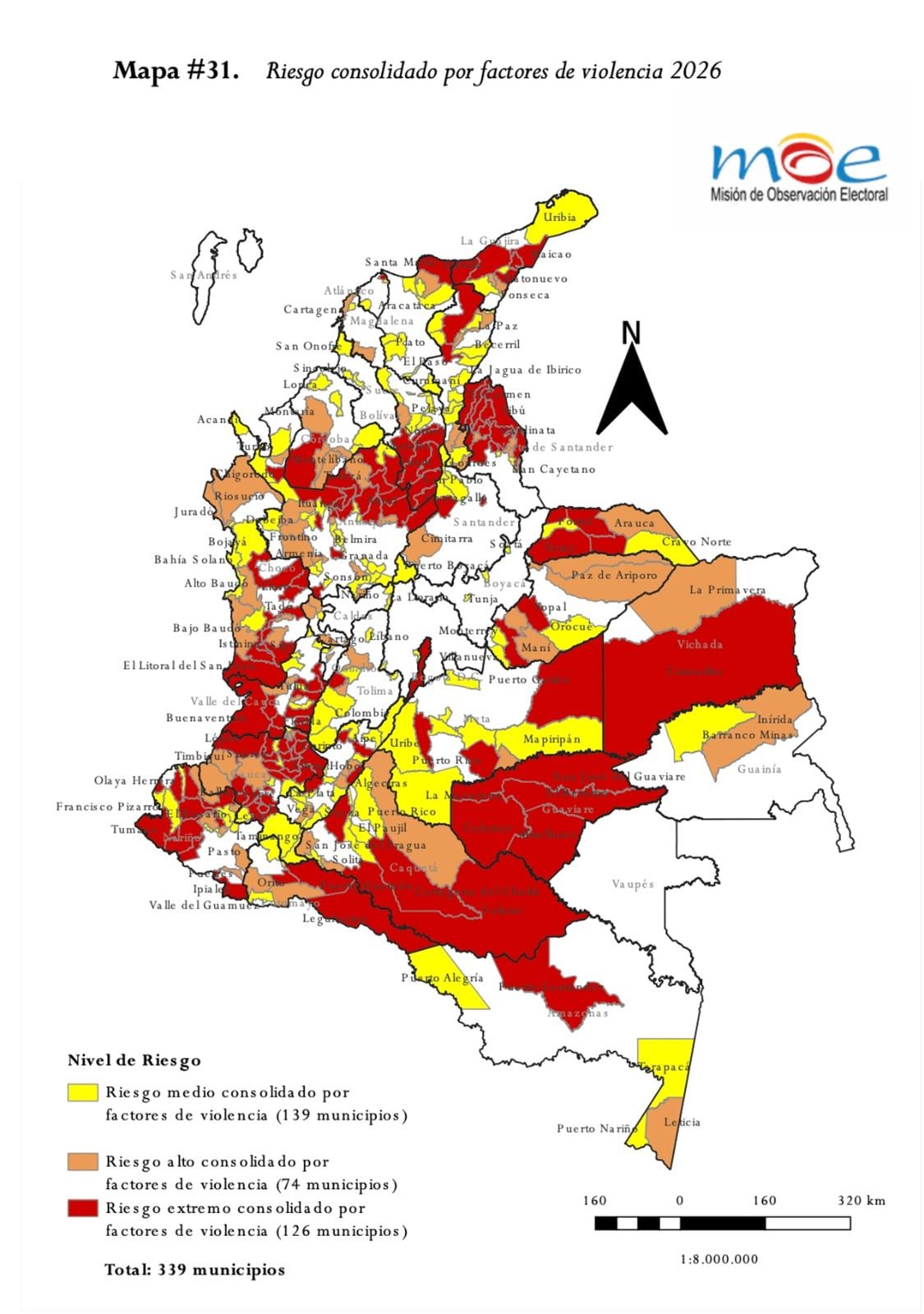 Mapa de Colombia consolidado por factores de violencia en estas elecciones de 2026.
