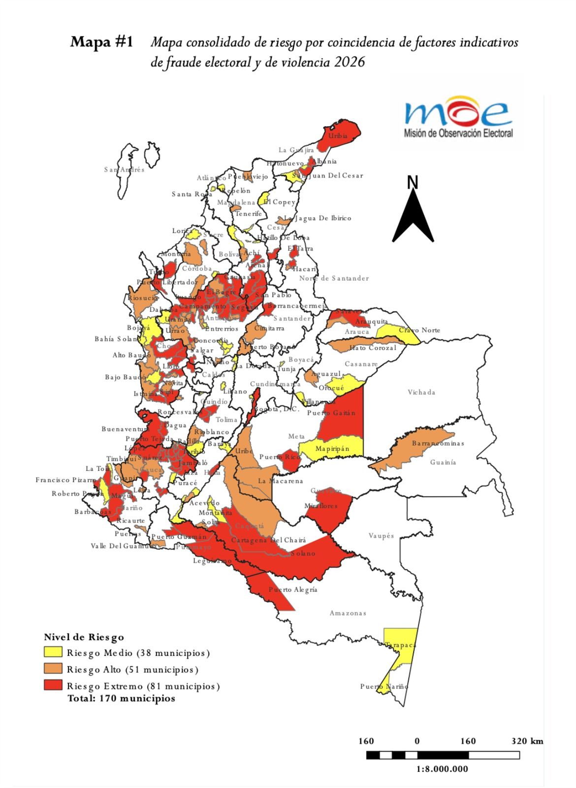 Mapa de Colombia con lugares de factores de riesgo de fraude electoral y violencia en esta campaña de 2026.