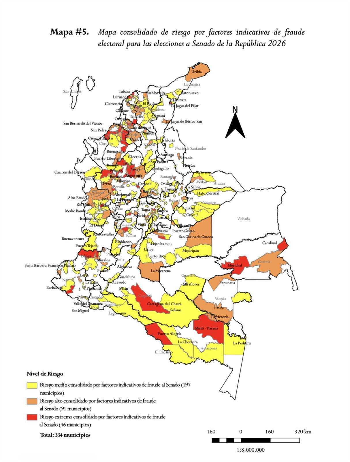 Mapa de Colombia que muestra los lugares con factores indicativos de fraude electoral para las elecciones a Senado en este 2026.