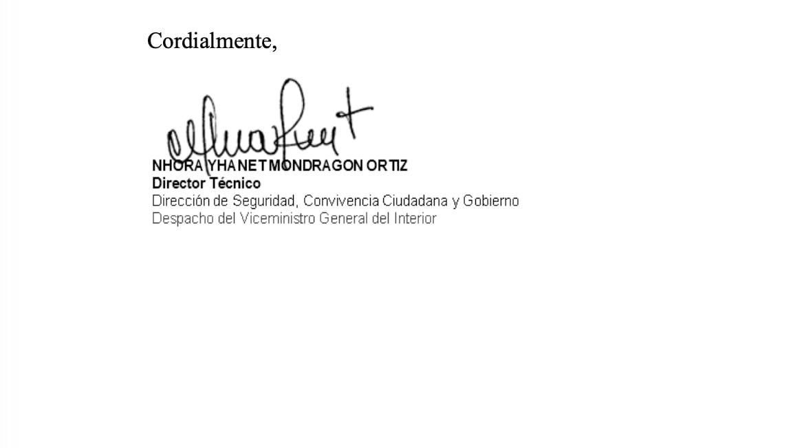 firma de memorando con el que Nhora Yaneth Mondragón