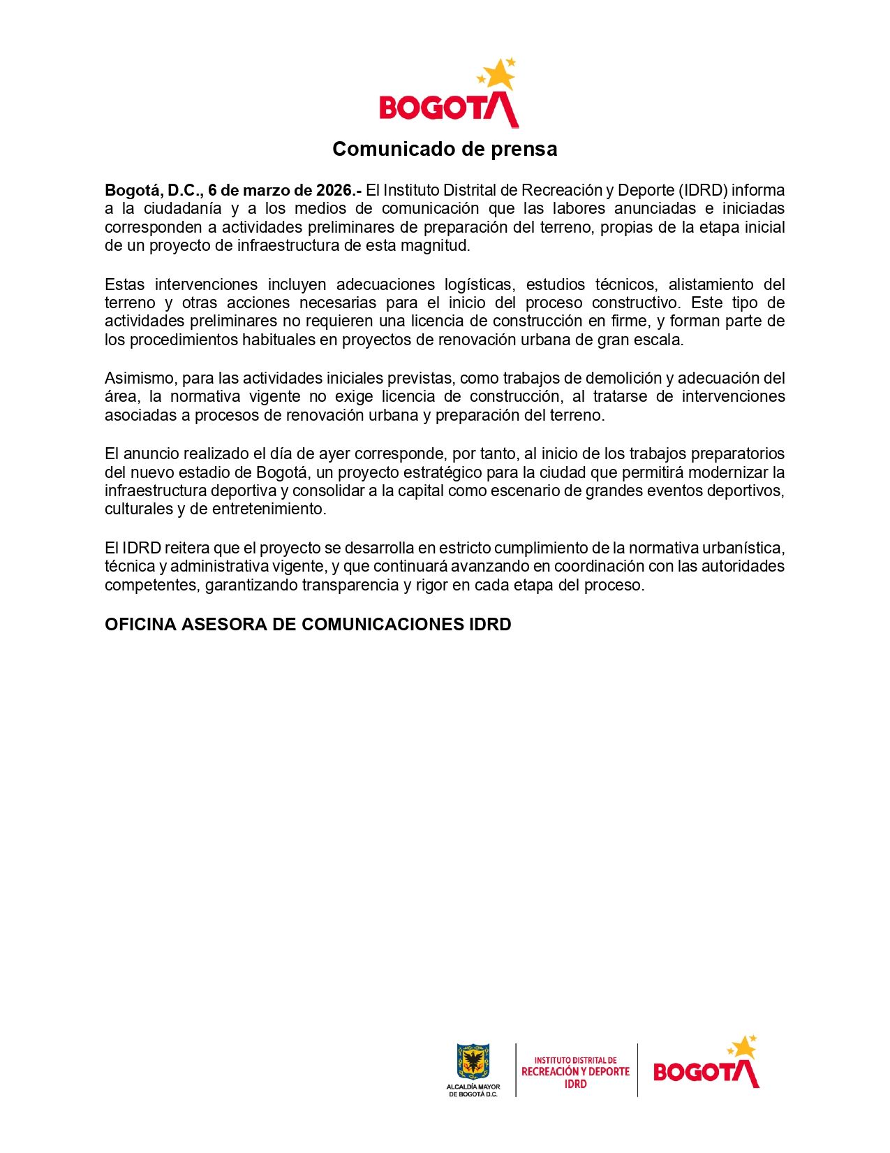 Documento del comunicado IDRD estadio