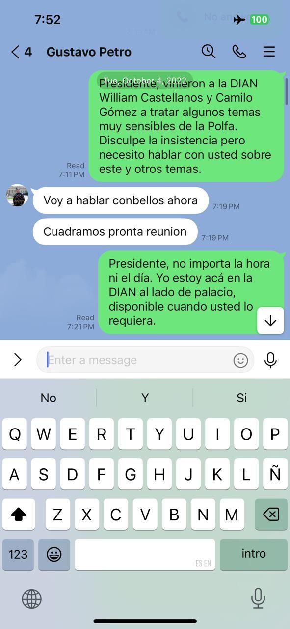 Chat entre Luis Carlos Reyes y el presidente Gustavo Petro