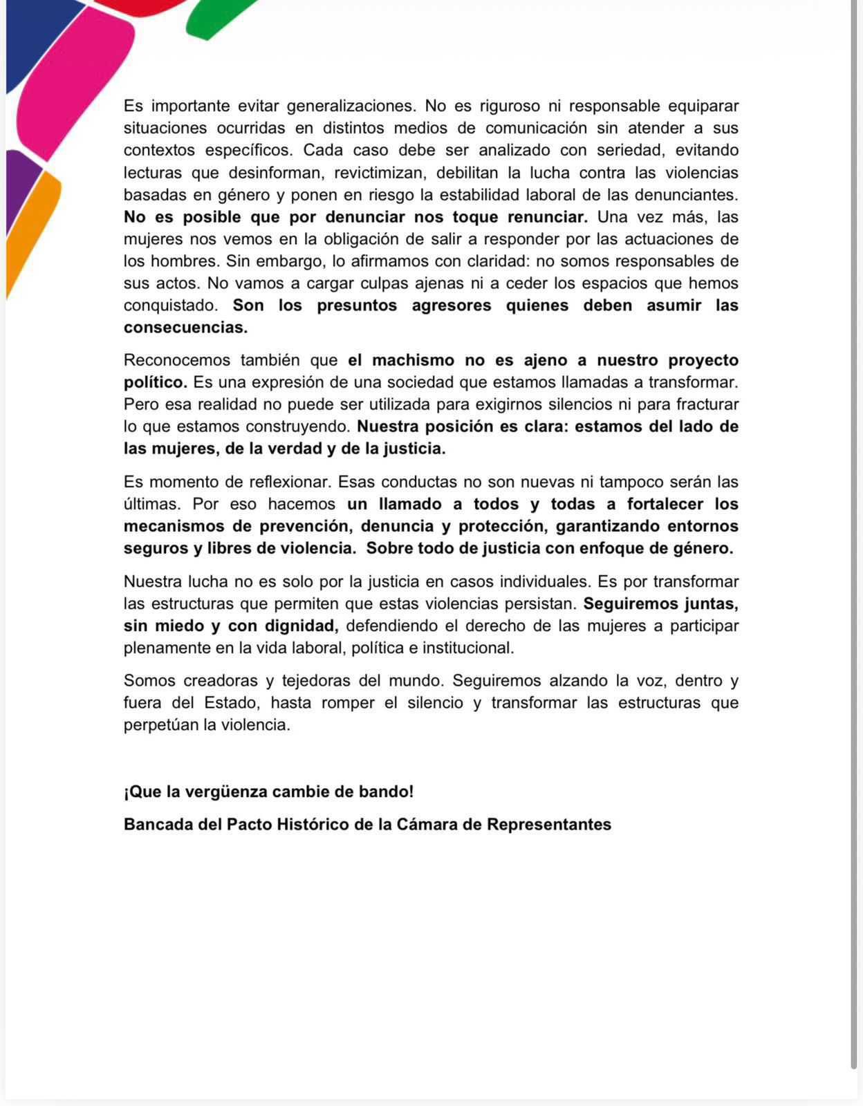Comunicado mujeres Pacto Histórico 2