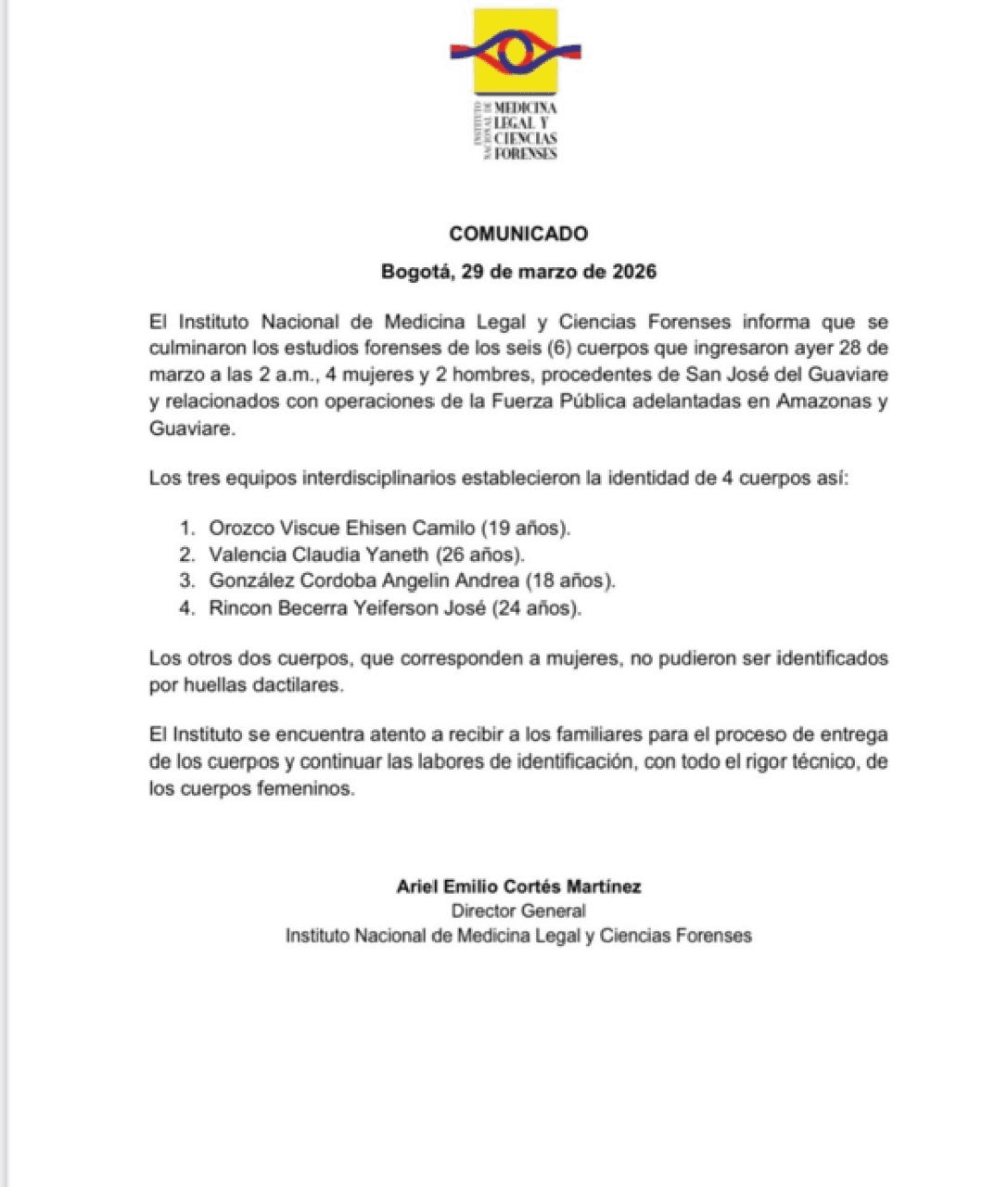 Comunicado de Medicina Legal