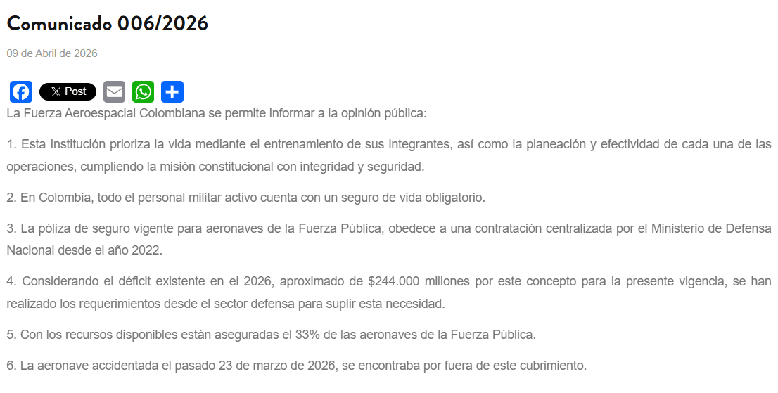 Comunicado Fuerza Aerea