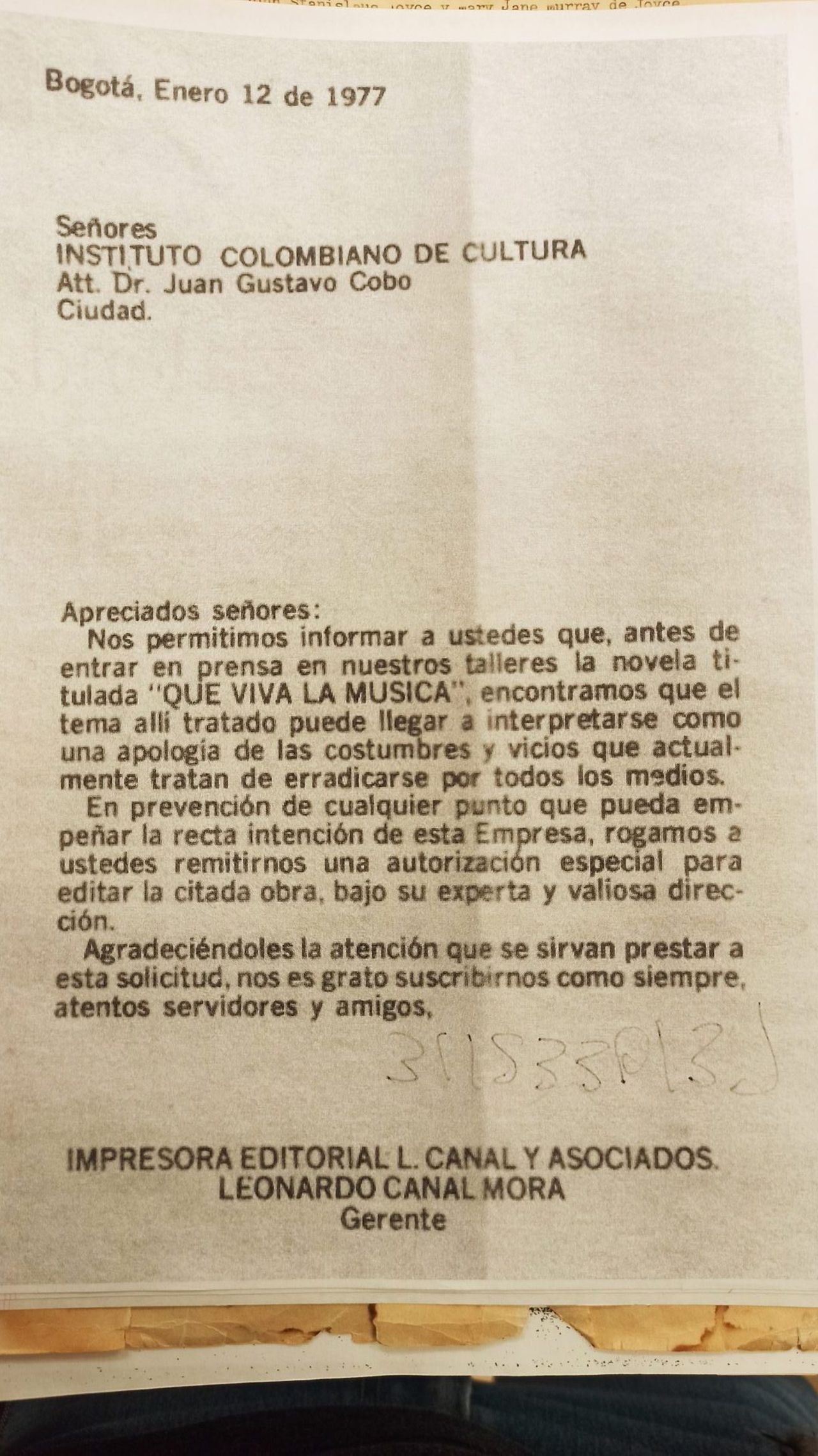 Carta de Canal y Asociados a Juan Gustavo Cobo