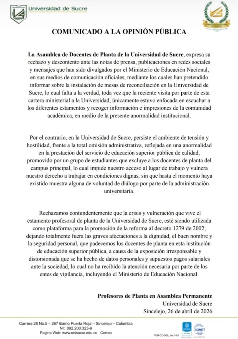 Comunicado de los profesores de la Universidad de Sucre sobre la crisis en la universidad.