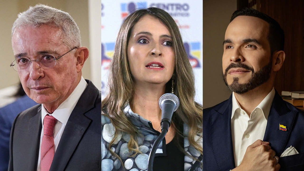 El expresidente y jefe natural del Centro Democrático, Álvaro Uribe Vélez; la candidata Paloma Valencia y el candidato ultra Abelardo de la Espriella. Fotos: Colprensa.