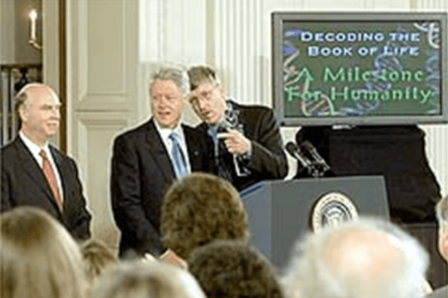 Francis Collins, J. Craig Venter y Bill Clinton