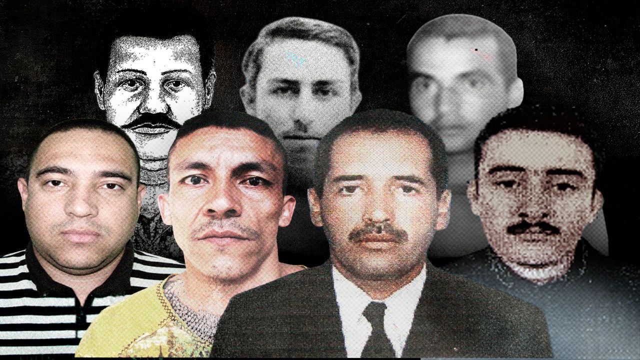 r.: ‘Jota’, ‘Panadero’ y ‘Arboleda’. Delante de izq. a der.: Javier Agudelo, ‘El Indio’, ‘Doble Cero’ y ‘El Político’.Fotoilustración: Kim Vega. Fotos: Fiscalía.